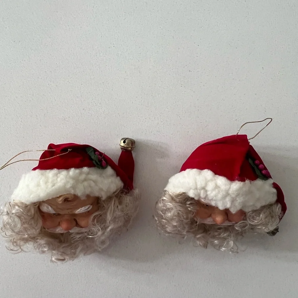 Vtg Antiqued Santa Head Christmas Ornaments‎ Hand painted Celluloid Set Of 2